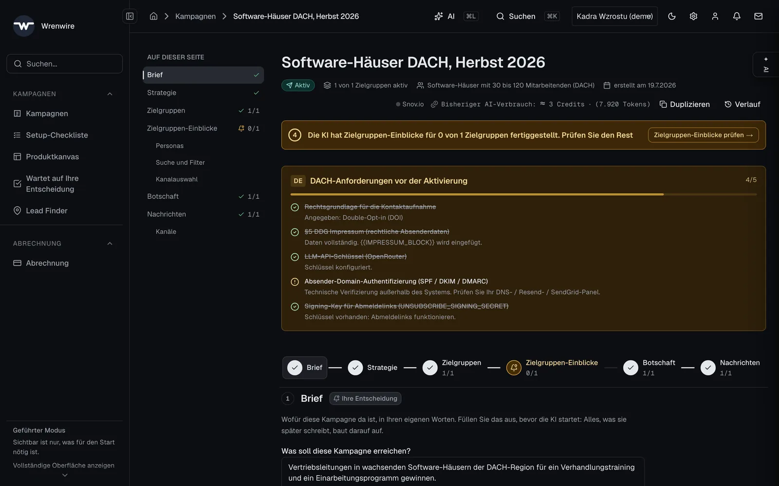 Ein Kampagnen-Screen: Phasen von der Strategie bis zu den Nachrichten, Fortschritt des automatischen Prozesses und KI-Verbrauch in Credits.