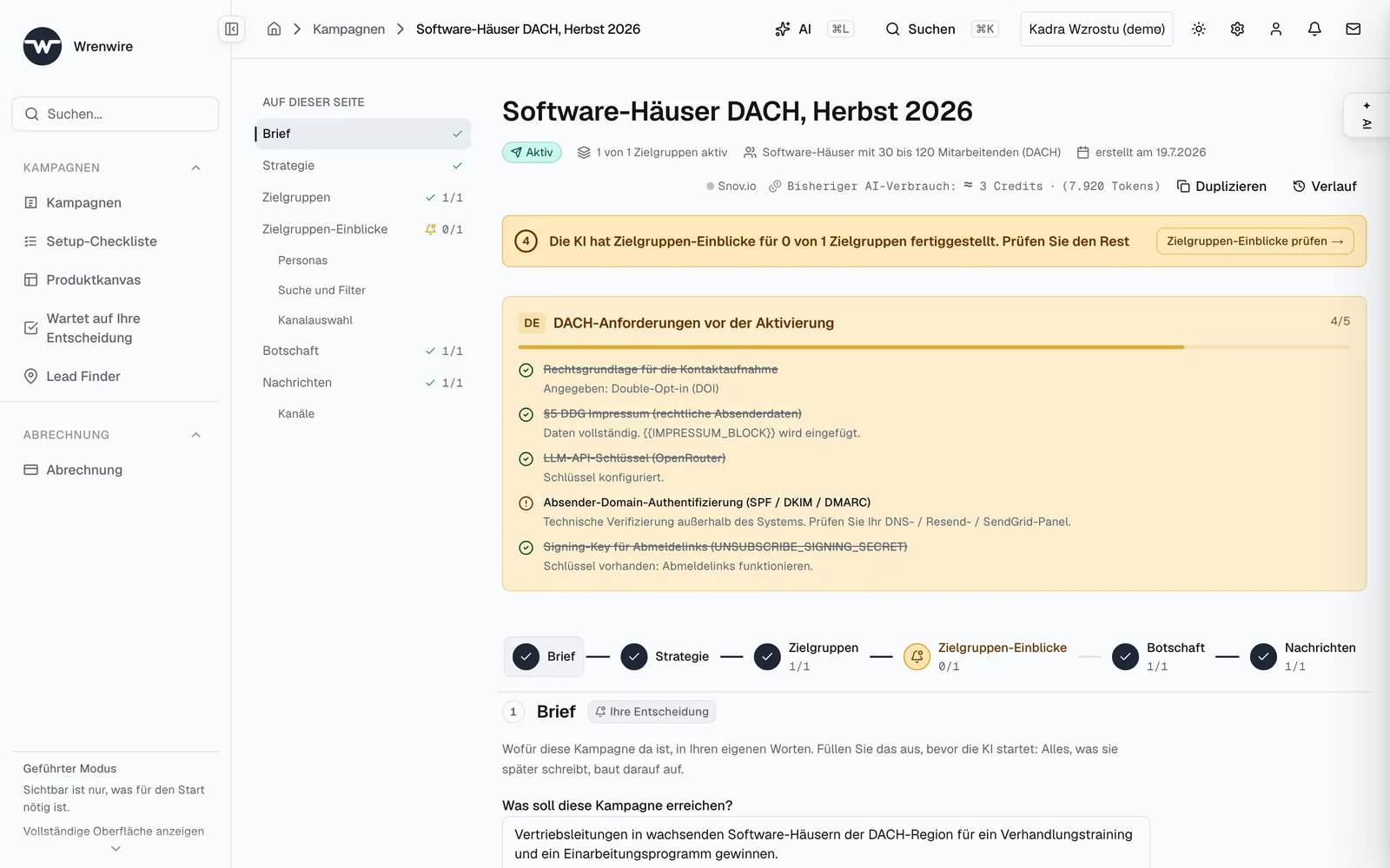 Ein Kampagnen-Screen: Phasen von der Strategie bis zu den Nachrichten, Fortschritt des automatischen Prozesses und KI-Verbrauch in Credits.