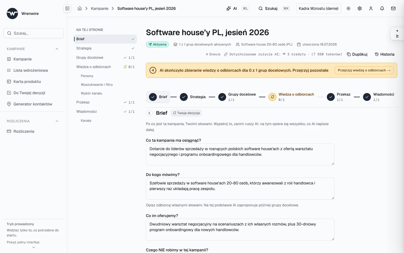 Przegląd kampanii w Wrenwire — etapy od strategii do gotowych wiadomości, postęp pracy i zużycie punktów