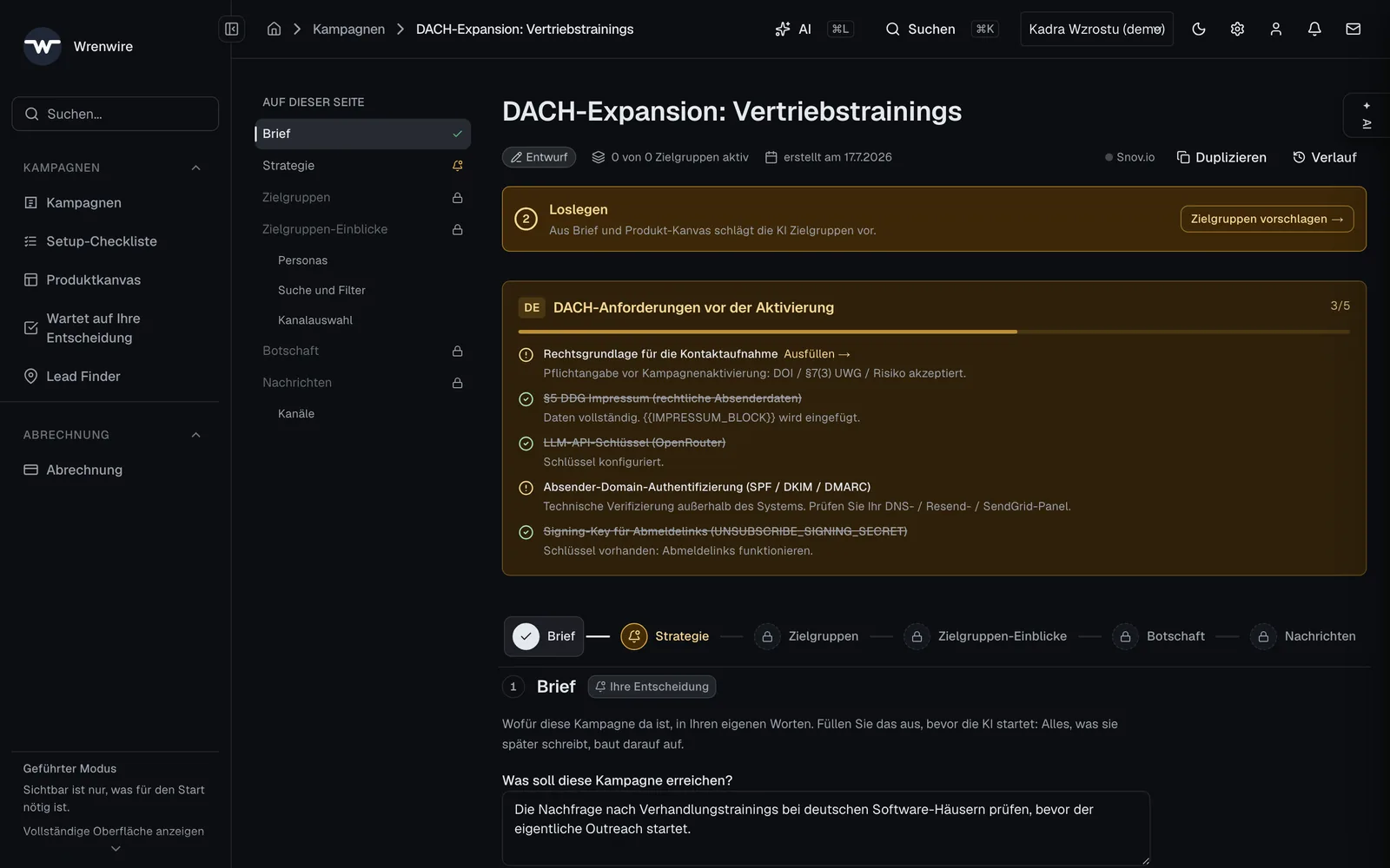 Eine Kampagne für den deutschen Markt mit der DACH-Checkliste: 3 von 5 Anforderungen erfüllt, die Rechtsgrundlage für die Kontaktaufnahme fehlt noch.