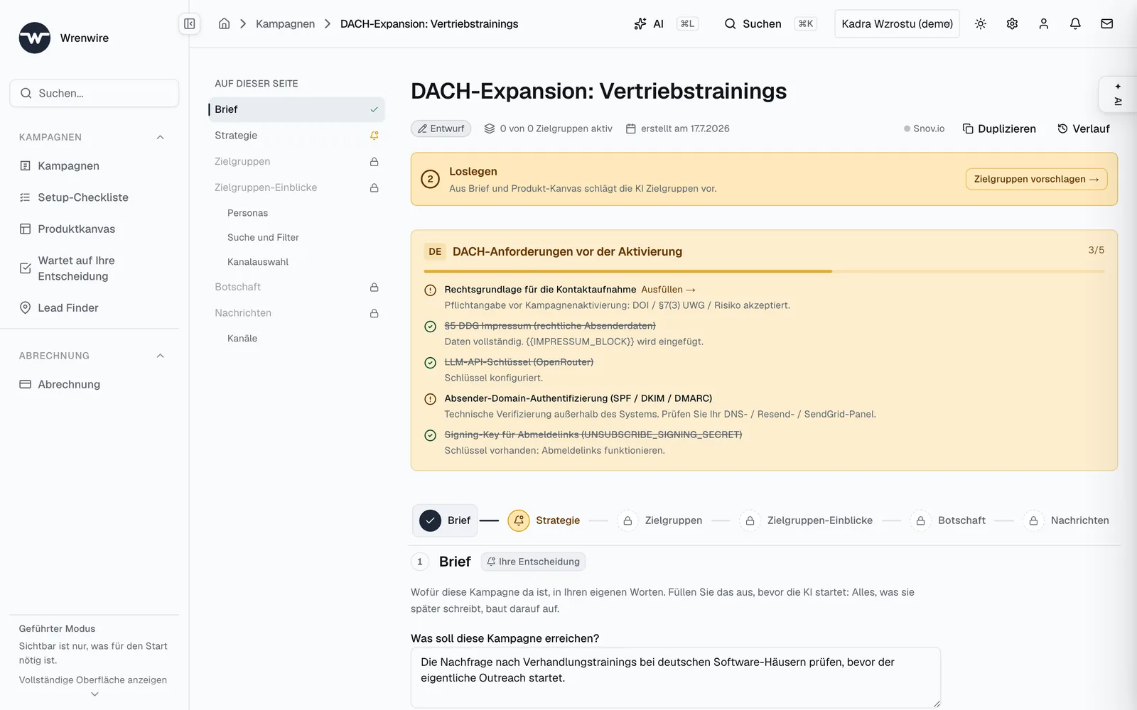 Eine Kampagne für den deutschen Markt mit der DACH-Checkliste: 3 von 5 Anforderungen erfüllt, die Rechtsgrundlage für die Kontaktaufnahme fehlt noch.