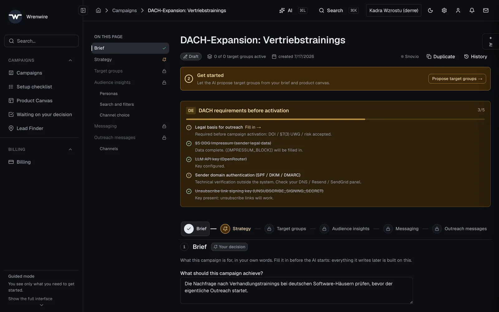 A campaign for the German market with the DACH pre-flight list: 3 of 5 requirements met, the legal basis for contact still missing.