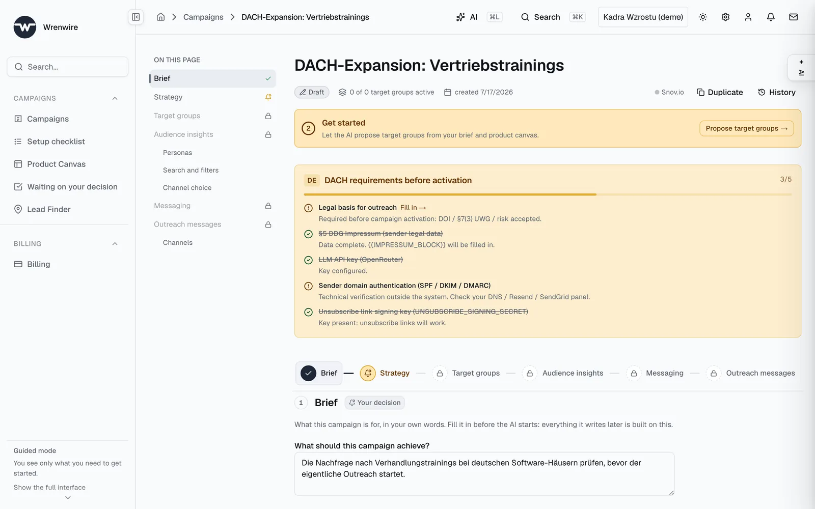 A campaign for the German market with the DACH pre-flight list: 3 of 5 requirements met, the legal basis for contact still missing.