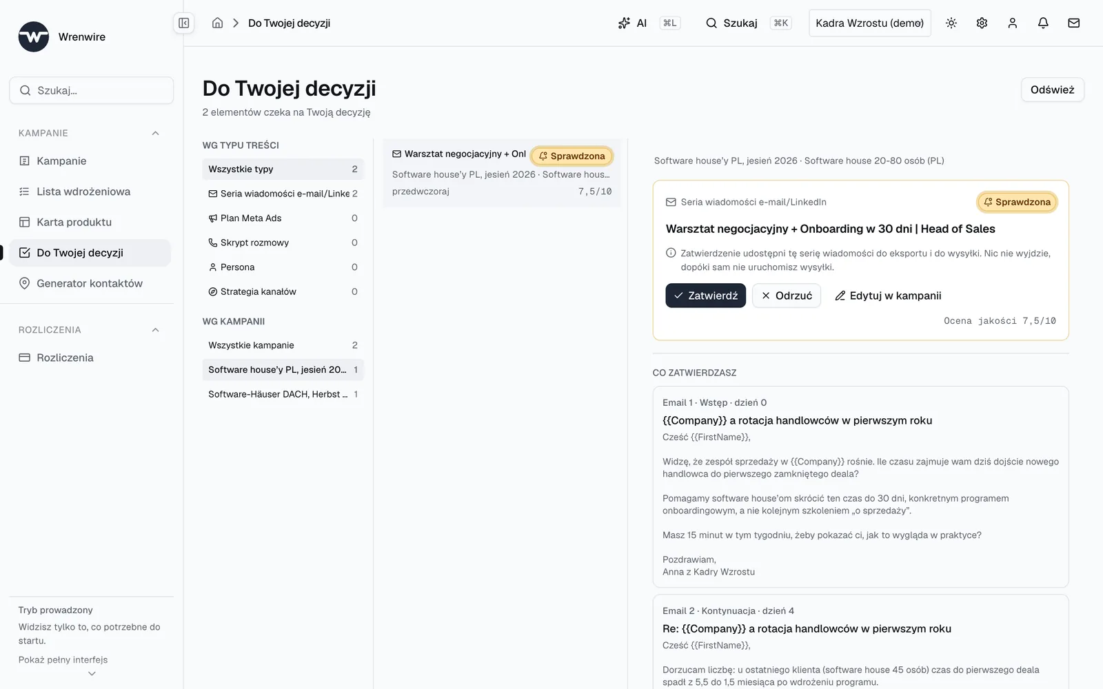 Kolejka decyzji w Wrenwire — trzy wiadomości czekające na zatwierdzenie, z oceną jakości i przyciskami zatwierdź, odrzuć, edytuj
